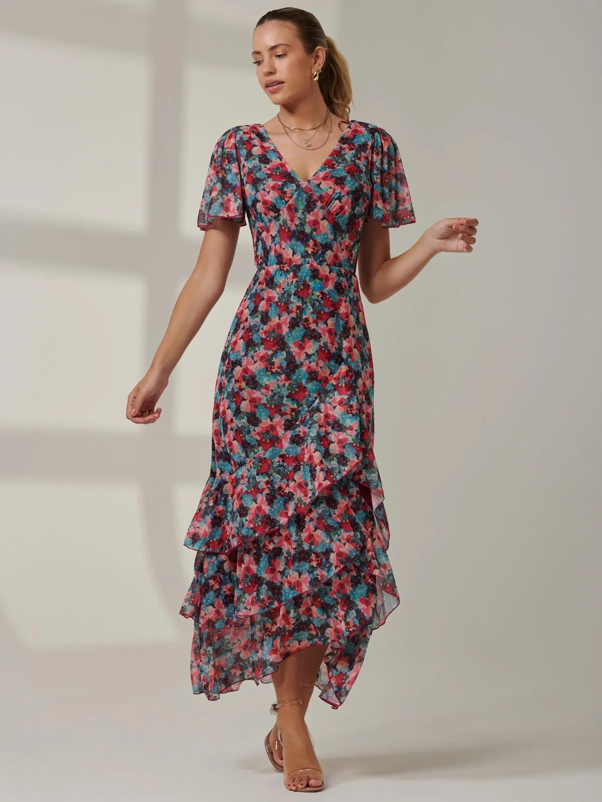 Angel Sleeve Tiered Hem Maxi Dress, Teal Multi