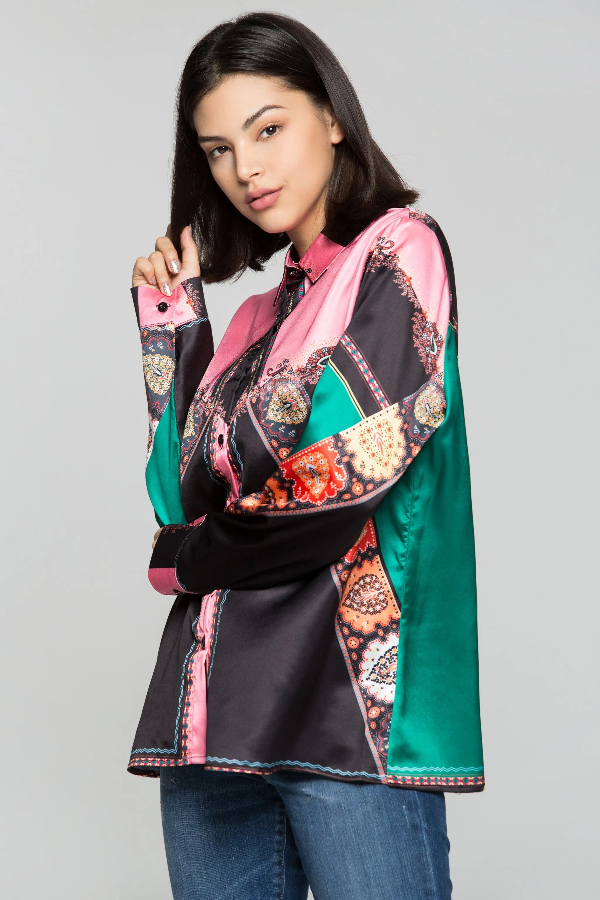 Black and Bright Pink Colorful Mixed Prints Shirt