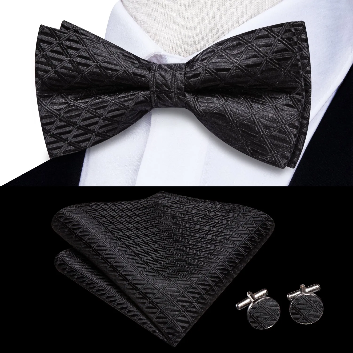 Hi-Tie Black Novelty Pre-tied Bow Tie Hanky Cufflinks Set