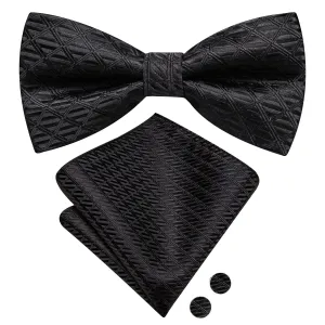 Hi-Tie Black Novelty Pre-tied Bow Tie Hanky Cufflinks Set