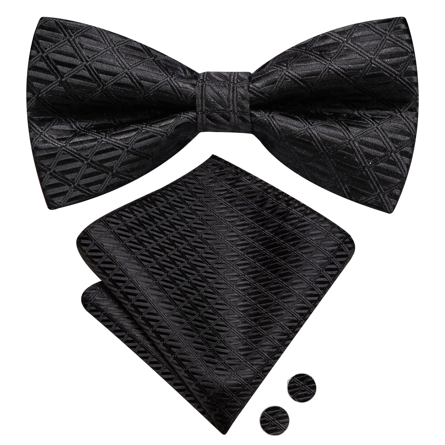 Hi-Tie Black Novelty Pre-tied Bow Tie Hanky Cufflinks Set