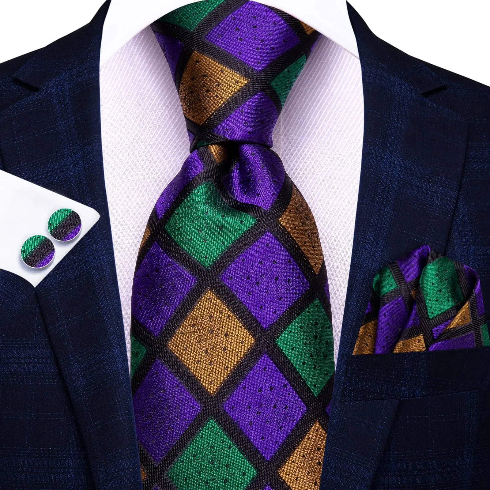 Hi-Tie Checkered Green Purple Gold Necktie Handkerchief Cufflinks Set