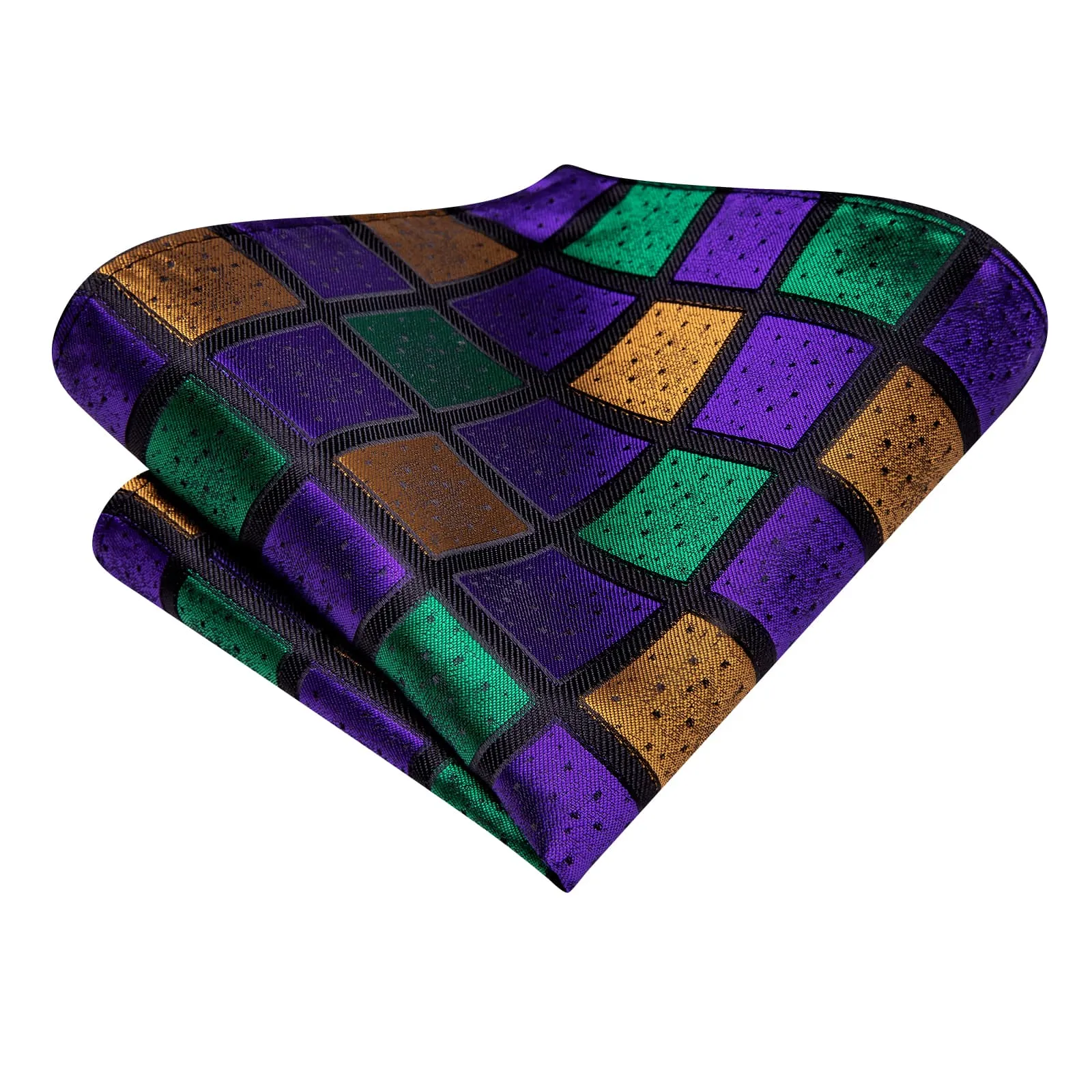 Hi-Tie Checkered Green Purple Gold Necktie Handkerchief Cufflinks Set