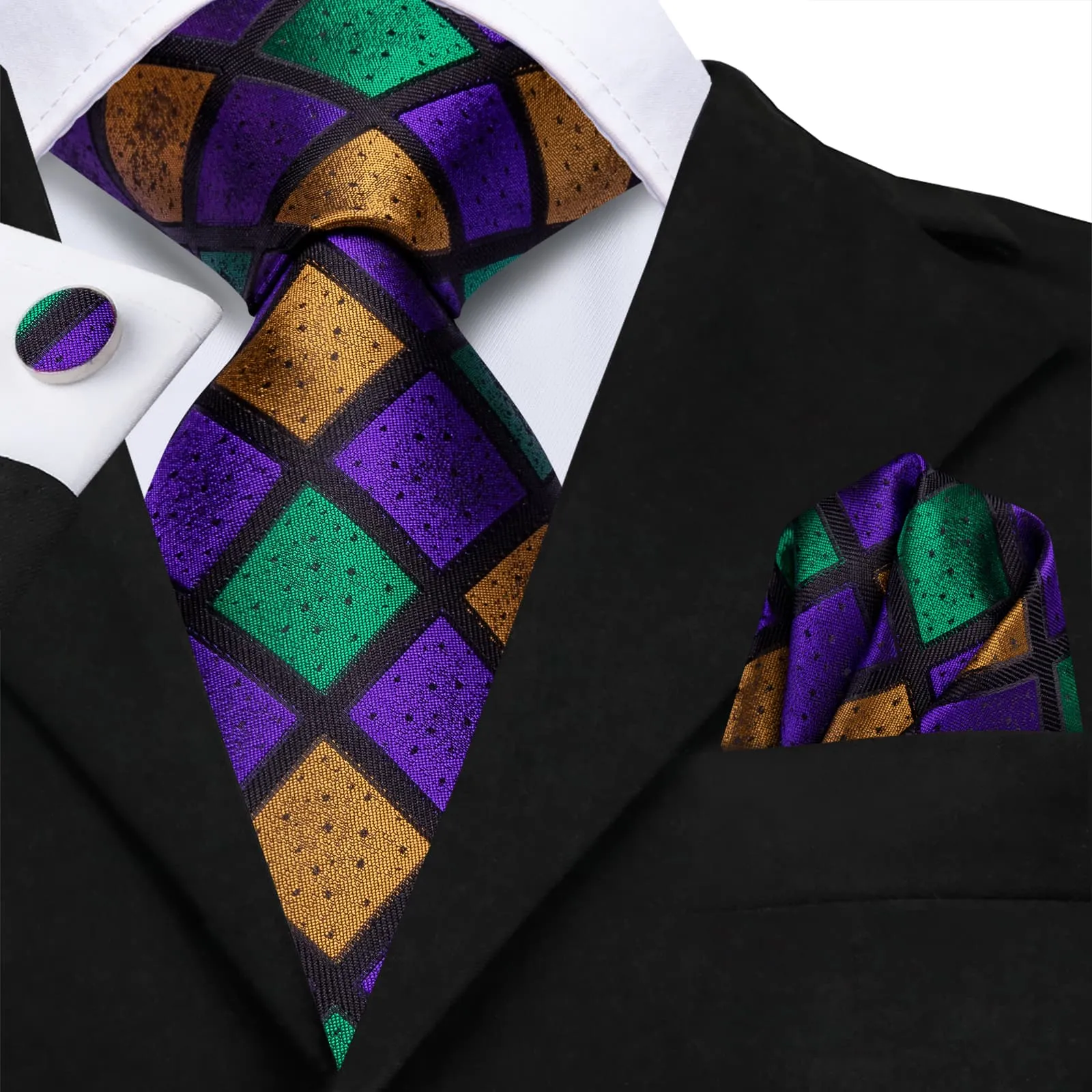 Hi-Tie Checkered Green Purple Gold Necktie Handkerchief Cufflinks Set