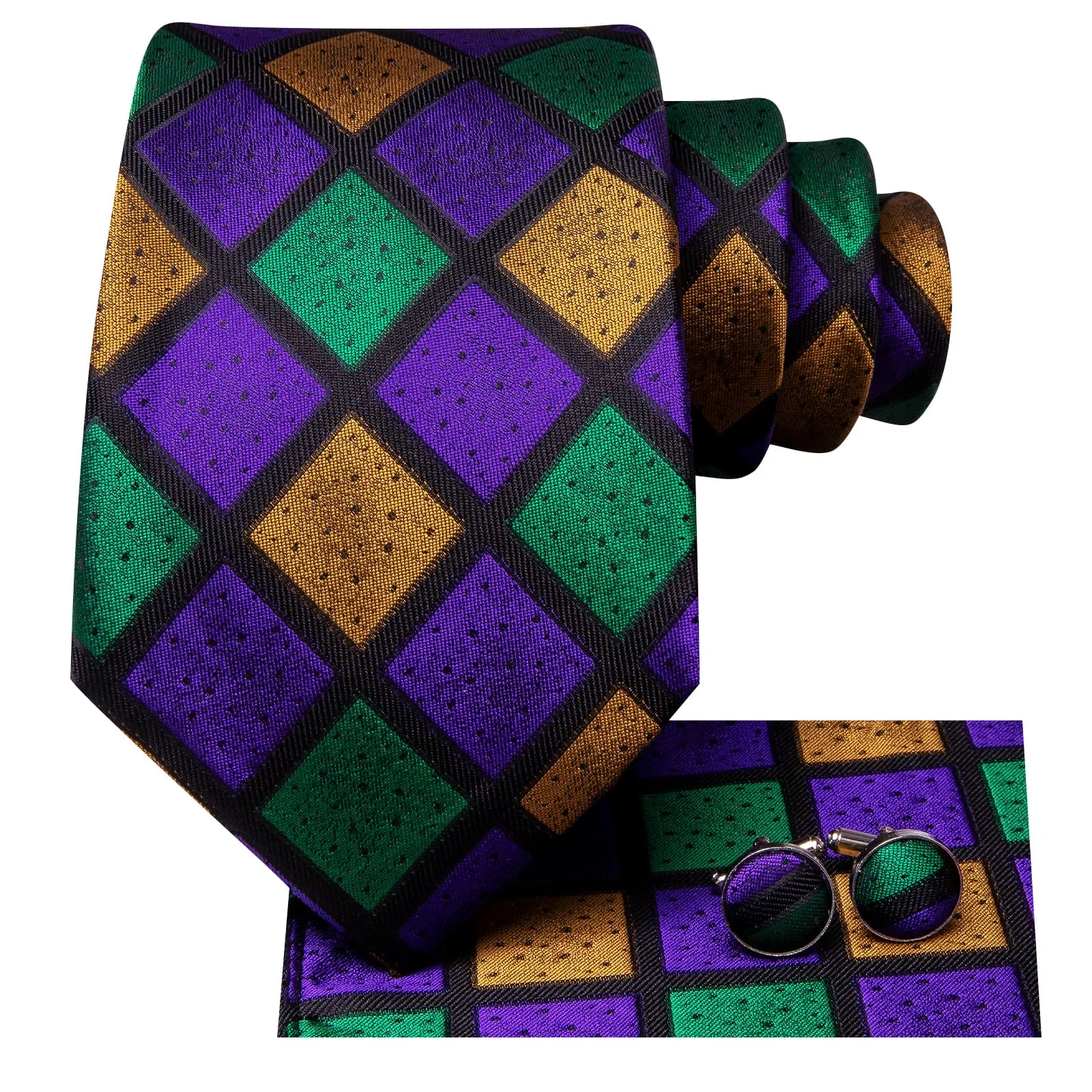 Hi-Tie Checkered Green Purple Gold Necktie Handkerchief Cufflinks Set