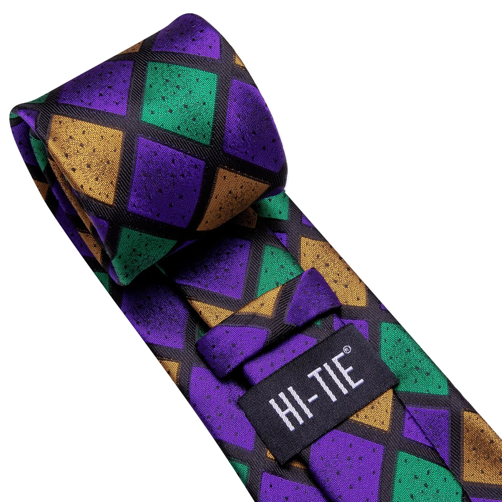 Hi-Tie Checkered Green Purple Gold Necktie Handkerchief Cufflinks Set