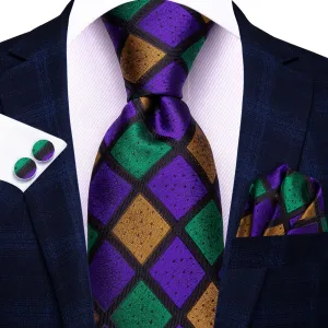 Hi-Tie Checkered Green Purple Gold Necktie Handkerchief Cufflinks Set