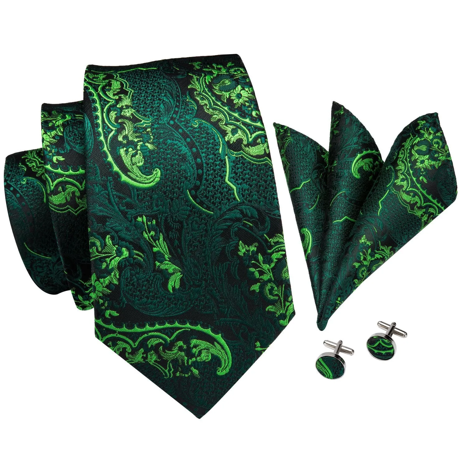 Hi-Tie Dark Green Tie Mens Paisley Necktie Pocket Square Cufflinks Set