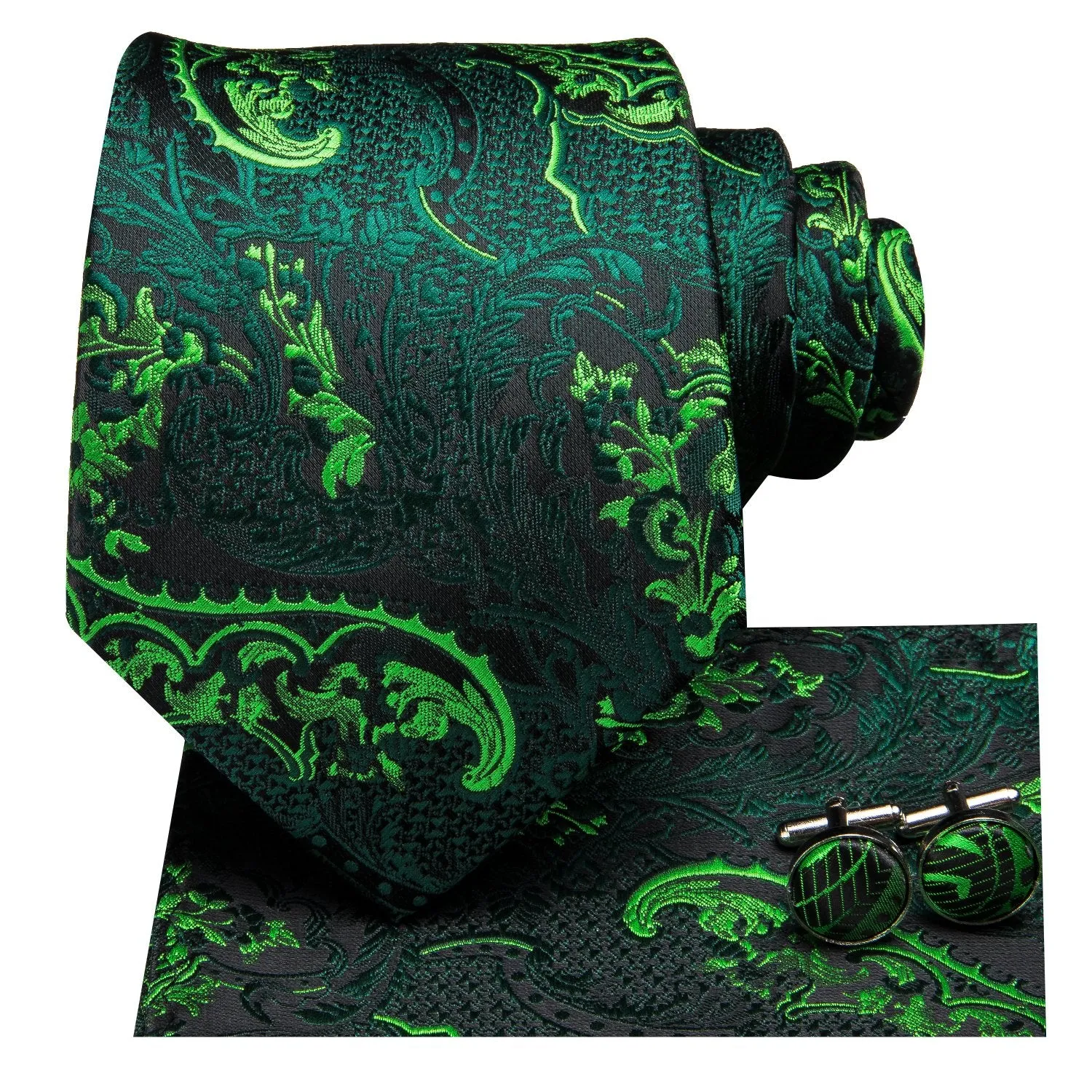 Hi-Tie Dark Green Tie Mens Paisley Necktie Pocket Square Cufflinks Set