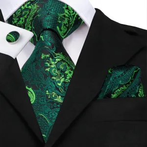 Hi-Tie Dark Green Tie Mens Paisley Necktie Pocket Square Cufflinks Set