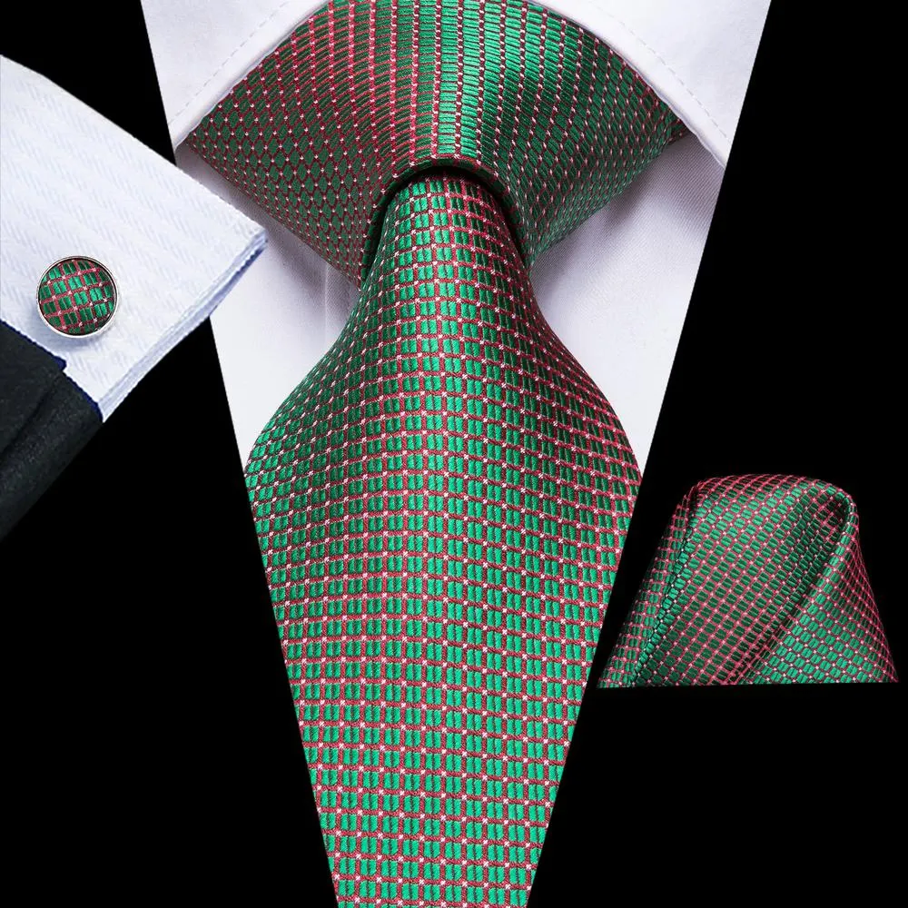 Hi-Tie Green Tie Shining Green Plaid Tie Pocket Square Cufflinks Set