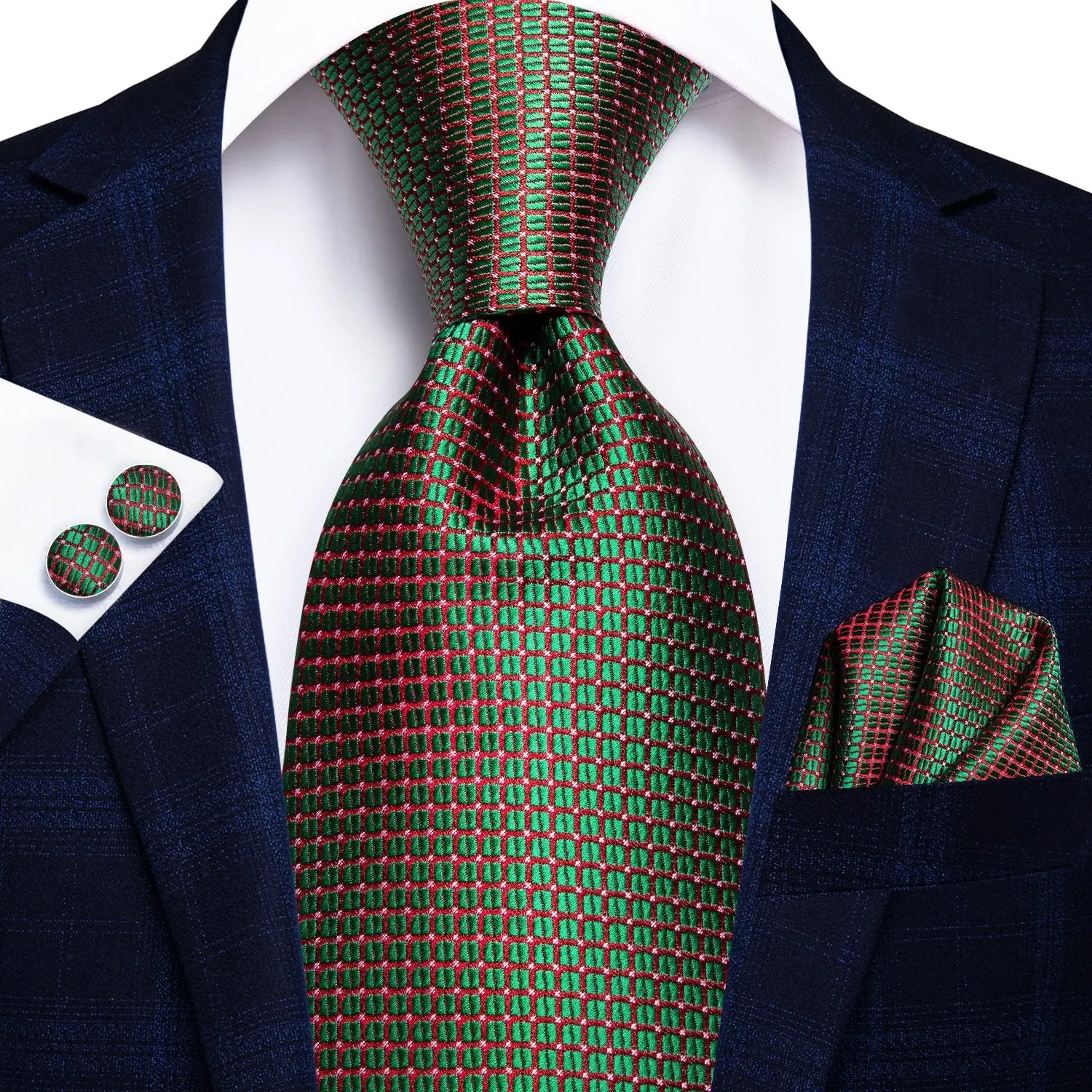 Hi-Tie Green Tie Shining Green Plaid Tie Pocket Square Cufflinks Set
