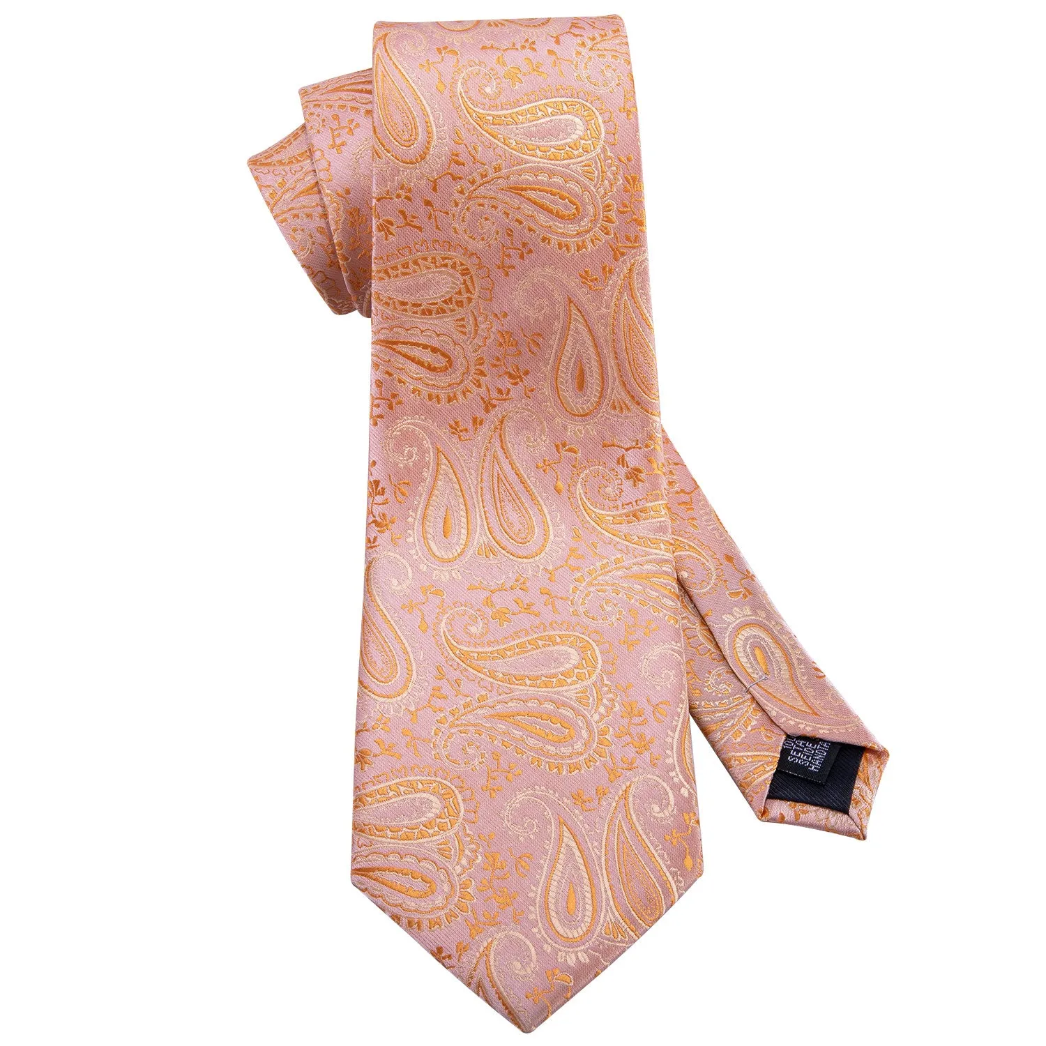 Hi-Tie Light Orange Paisley Silk Men's Tie Pocket Square Cufflinks Set