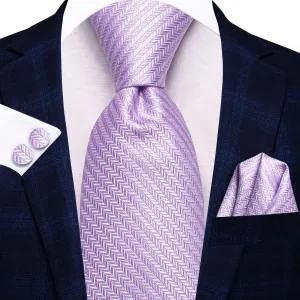 Hi-Tie Lilac Purple White Purple Silk Tie Pocket Square Cufflinks Set