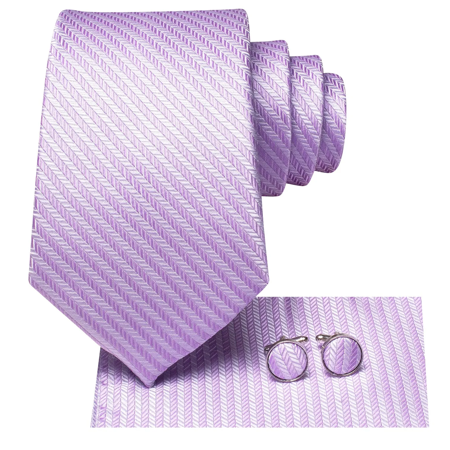 Hi-Tie Lilac Purple White Purple Silk Tie Pocket Square Cufflinks Set
