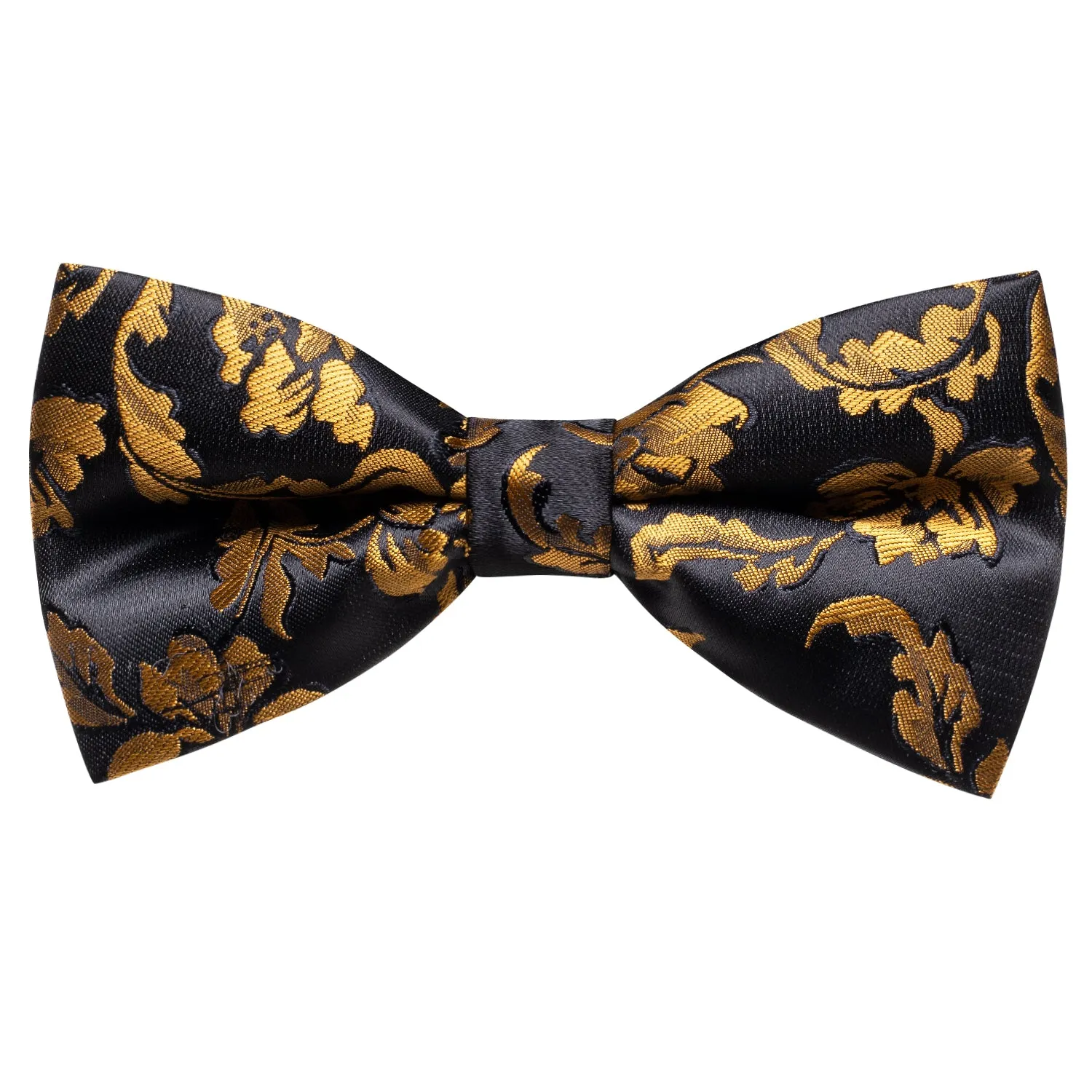 Hi-Tie Men's Black Golden Leaves Pre-tied Bow Tie Hanky Cufflinks Set