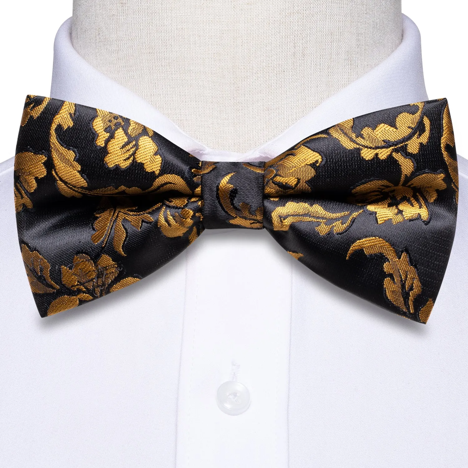 Hi-Tie Men's Black Golden Leaves Pre-tied Bow Tie Hanky Cufflinks Set