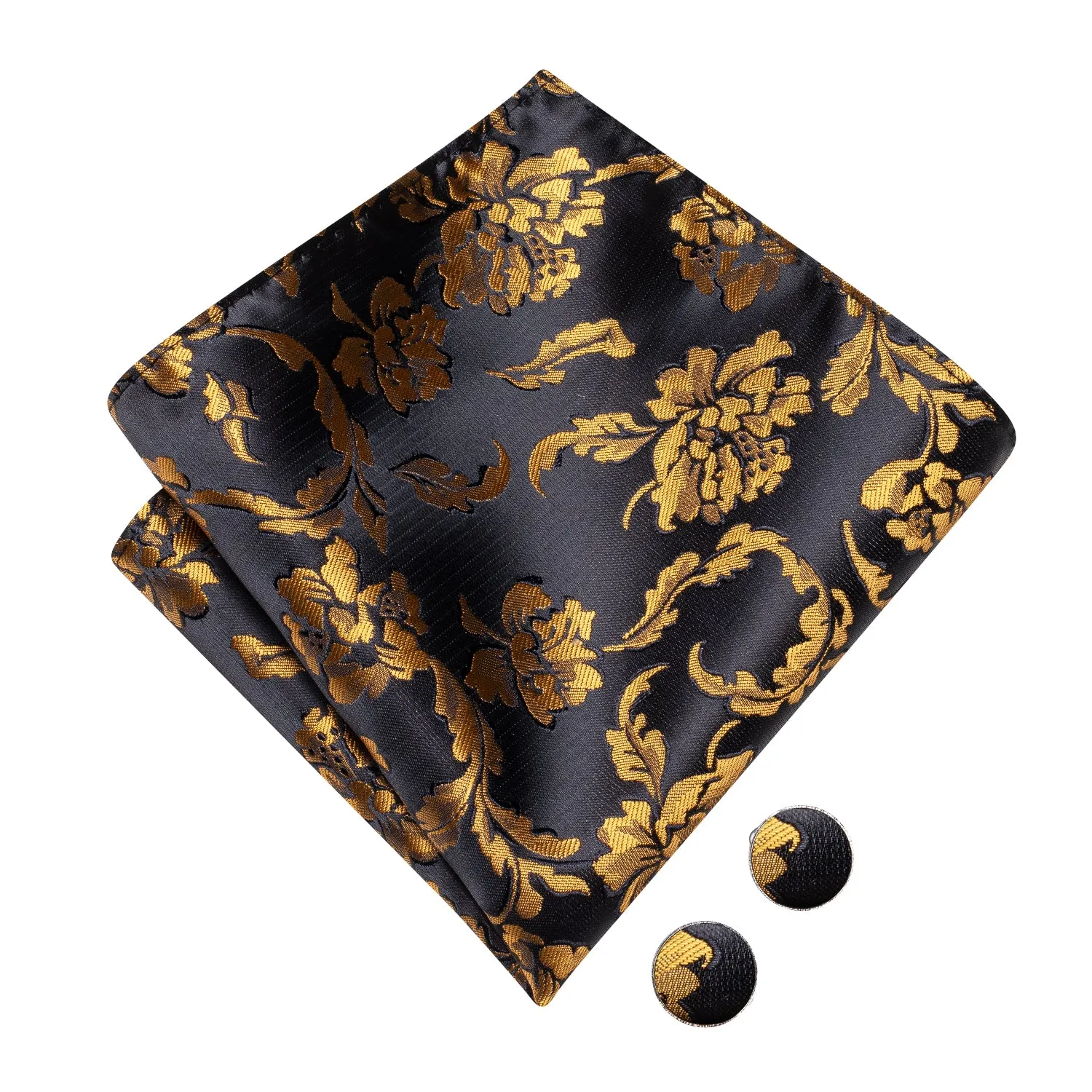 Hi-Tie Men's Black Golden Leaves Pre-tied Bow Tie Hanky Cufflinks Set