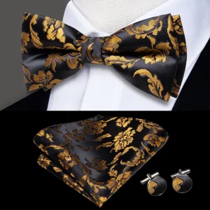 Hi-Tie Men's Black Golden Leaves Pre-tied Bow Tie Hanky Cufflinks Set