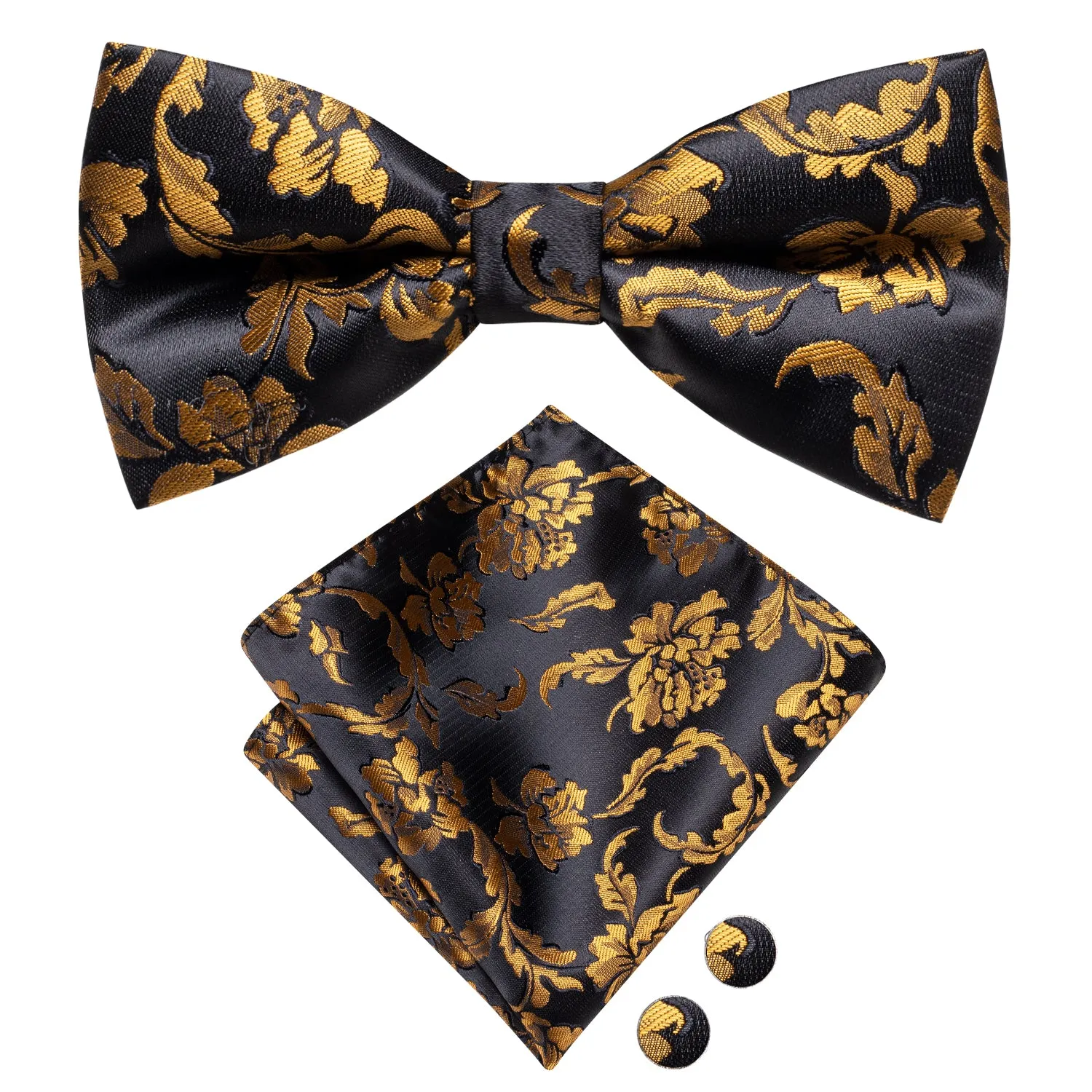 Hi-Tie Men's Black Golden Leaves Pre-tied Bow Tie Hanky Cufflinks Set