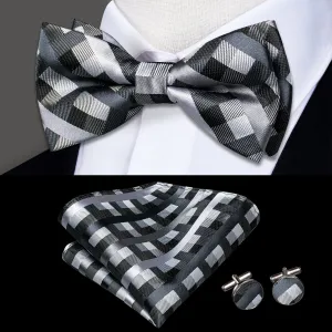 Hi-Tie Men's Black Grey Plaid Pre-tied Bow Tie Hanky Cufflinks Set