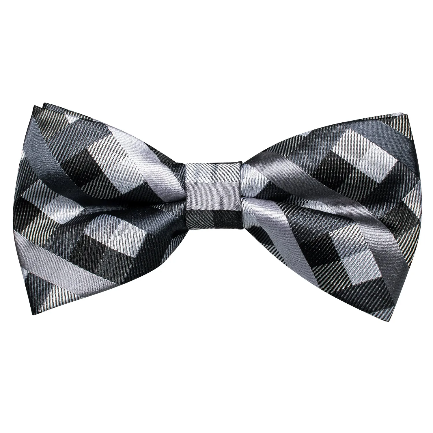 Hi-Tie Men's Black Grey Plaid Pre-tied Bow Tie Hanky Cufflinks Set