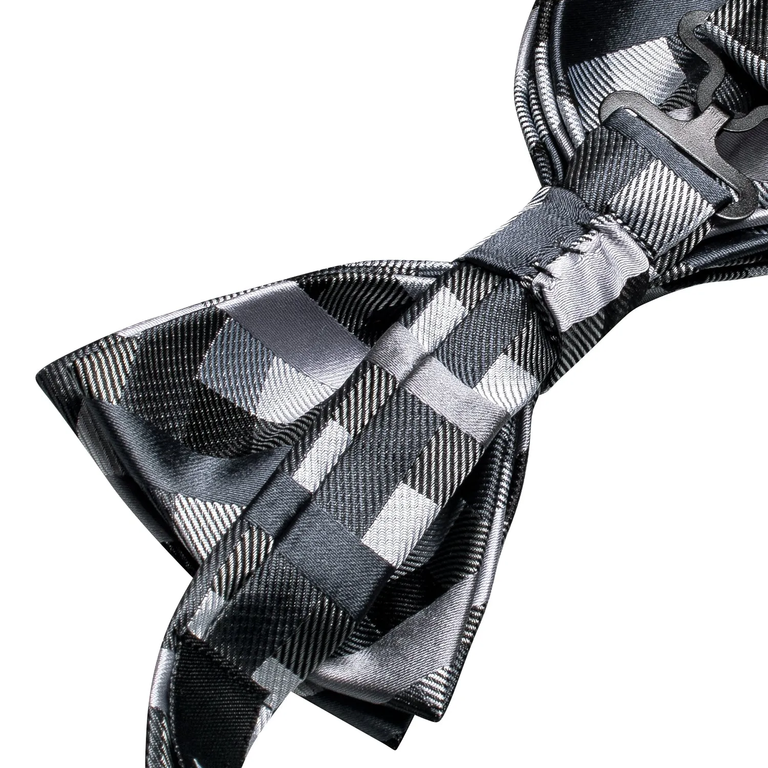 Hi-Tie Men's Black Grey Plaid Pre-tied Bow Tie Hanky Cufflinks Set