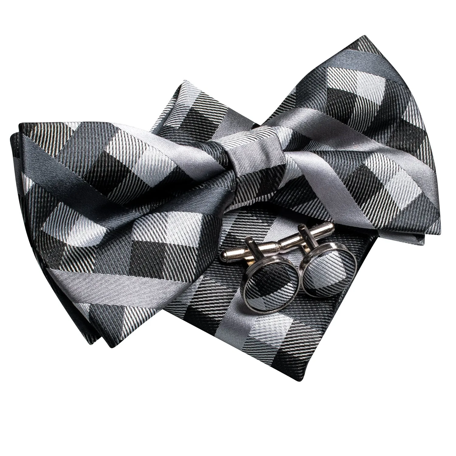 Hi-Tie Men's Black Grey Plaid Pre-tied Bow Tie Hanky Cufflinks Set
