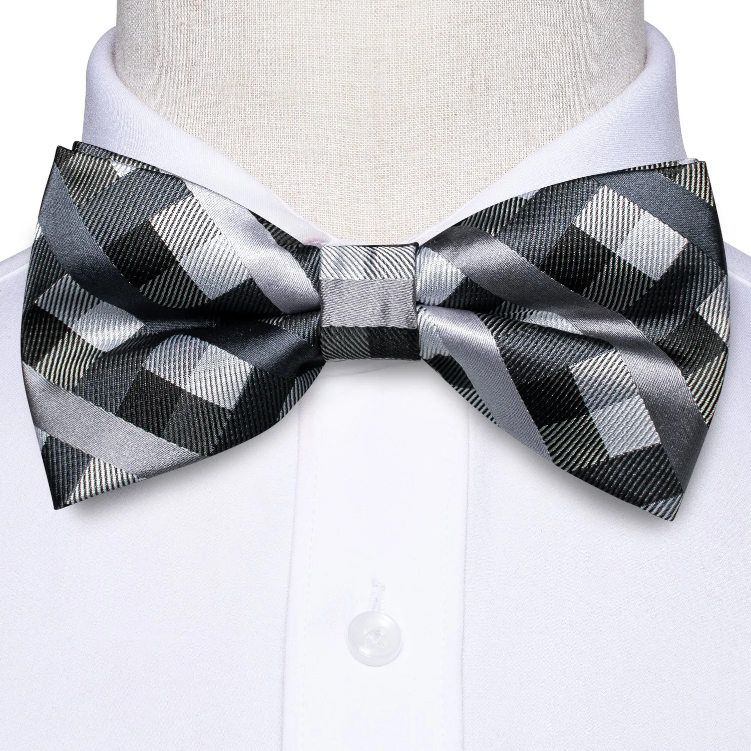 Hi-Tie Men's Black Grey Plaid Pre-tied Bow Tie Hanky Cufflinks Set
