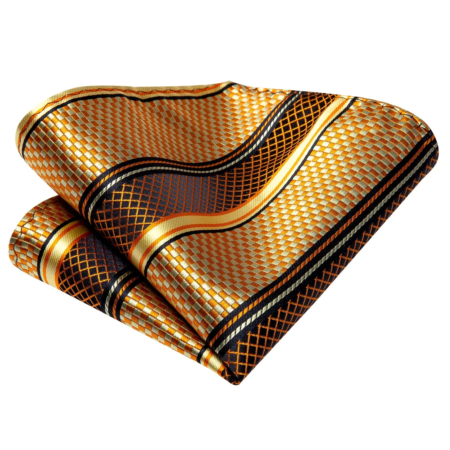 Hi-Tie Men's Gold Plaid Striped Silk Tie Handkerchief Cufflinks Set