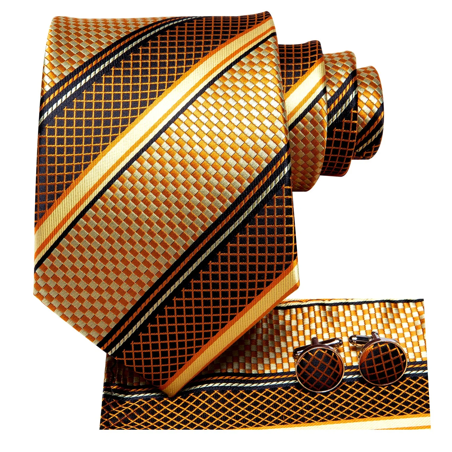 Hi-Tie Men's Gold Plaid Striped Silk Tie Handkerchief Cufflinks Set