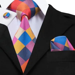 Hi-Tie Men's Necktie Colorful Plaid Tie Pocket Square Cufflinks Set