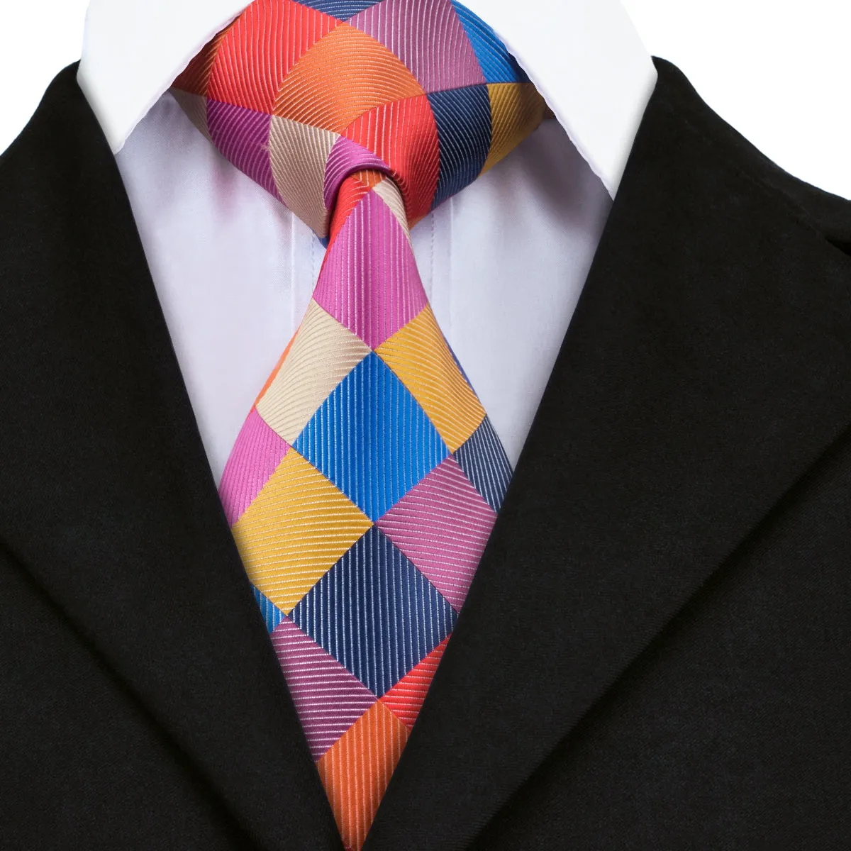 Hi-Tie Men's Necktie Colorful Plaid Tie Pocket Square Cufflinks Set