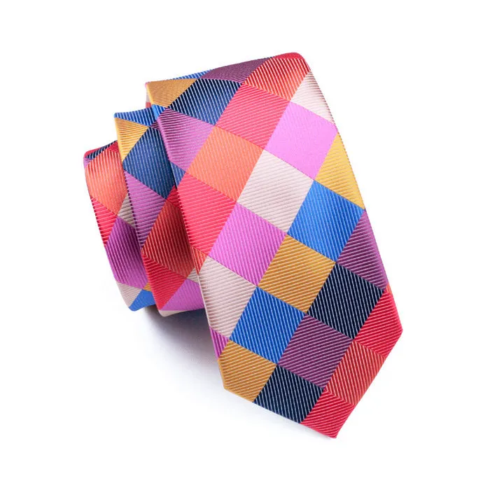 Hi-Tie Men's Necktie Colorful Plaid Tie Pocket Square Cufflinks Set