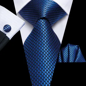 Hi-Tie Navy-Blue Geometric Polka Dot Tie Pocket Square Cufflinks Set