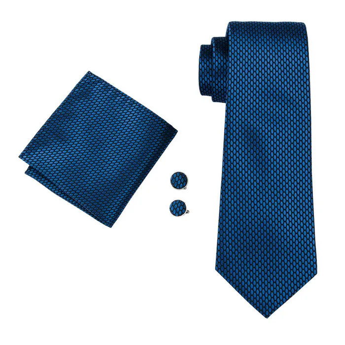 Hi-Tie Navy-Blue Geometric Polka Dot Tie Pocket Square Cufflinks Set