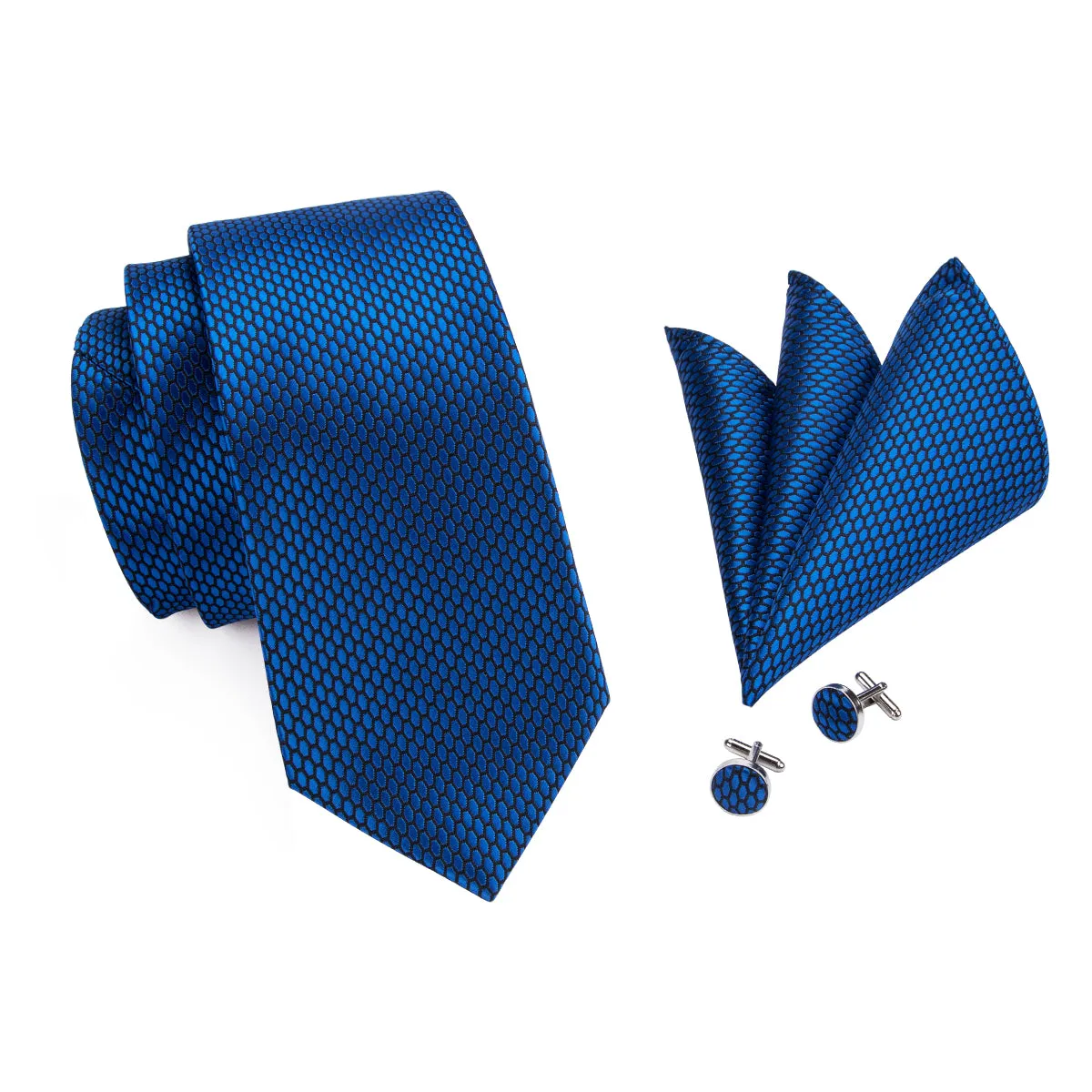 Hi-Tie Navy-Blue Geometric Polka Dot Tie Pocket Square Cufflinks Set