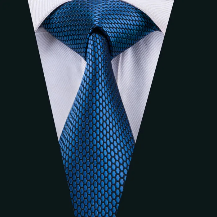 Hi-Tie Navy-Blue Geometric Polka Dot Tie Pocket Square Cufflinks Set