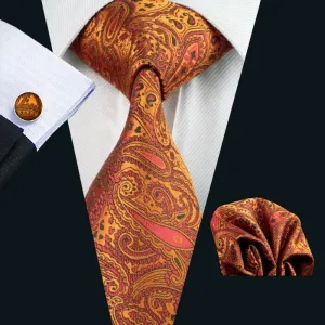 Hi-Tie Ochre Orange Paisley Silk Men's Tie Pocket Square Cufflinks Set