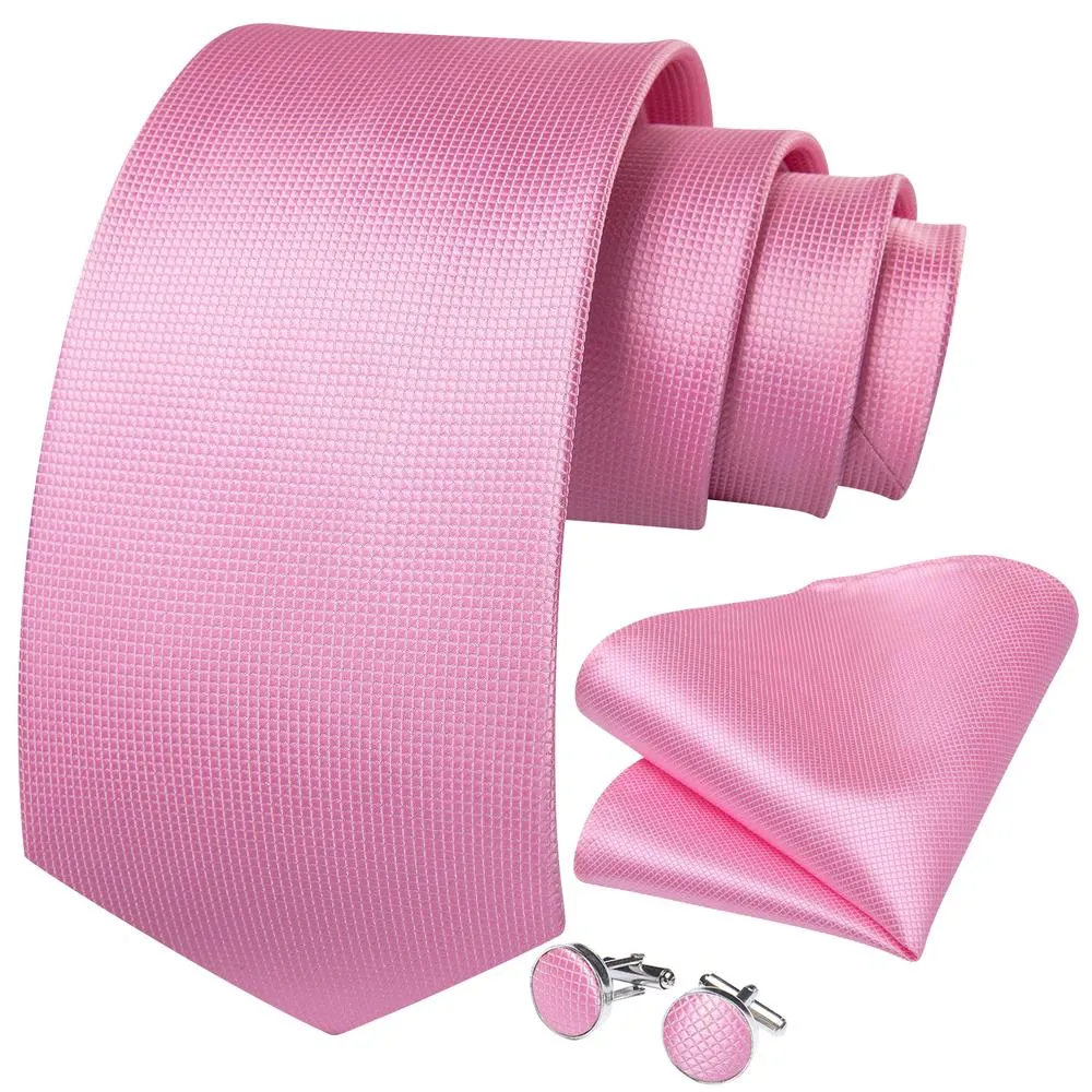 Hi-Tie Pink Necktie Men's Plaid Wedding Tie Handkerchief Cufflinks Set