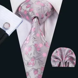 Hi-Tie Silver Tie Pink Floral Jacquard Tie Pocket Square Cufflinks Set
