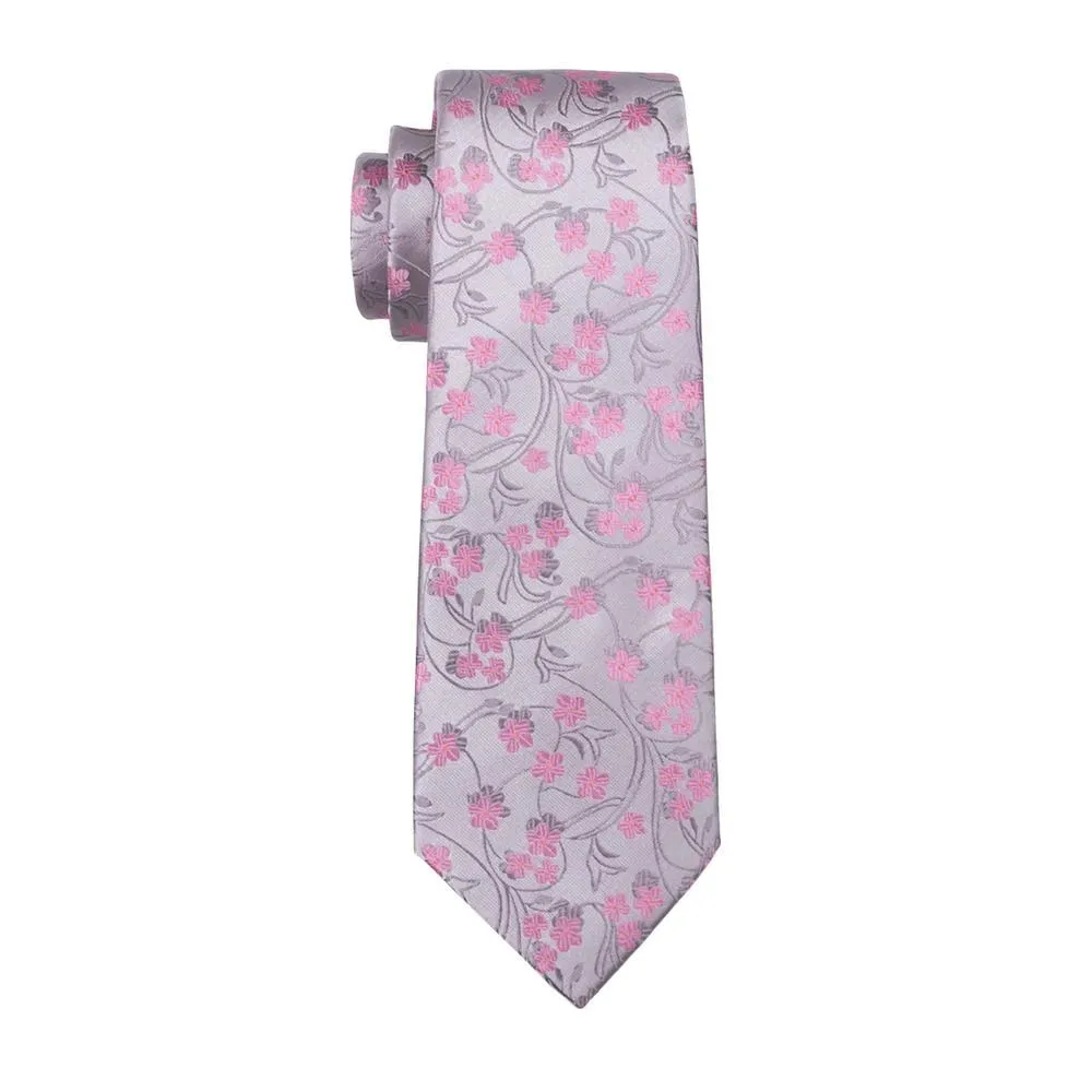 Hi-Tie Silver Tie Pink Floral Jacquard Tie Pocket Square Cufflinks Set
