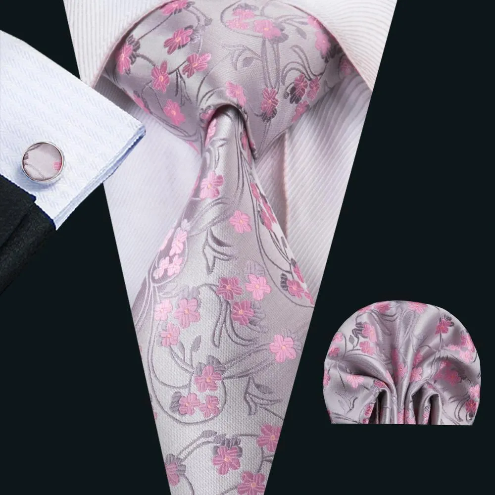 Hi-Tie Silver Tie Pink Floral Jacquard Tie Pocket Square Cufflinks Set