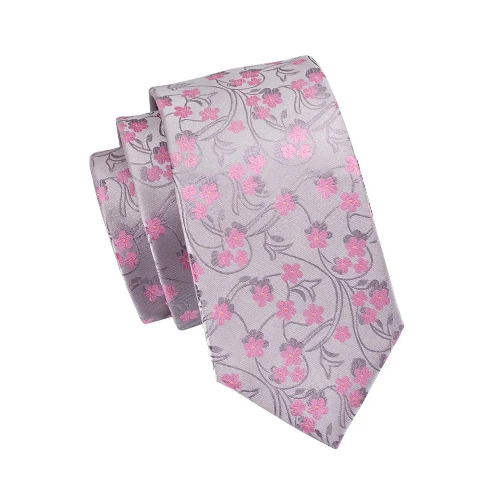 Hi-Tie Silver Tie Pink Floral Jacquard Tie Pocket Square Cufflinks Set