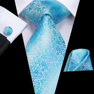 Hi-Tie Skyblue Tie Light Blue Floral Men's Necktie Hanky Cufflinks Set