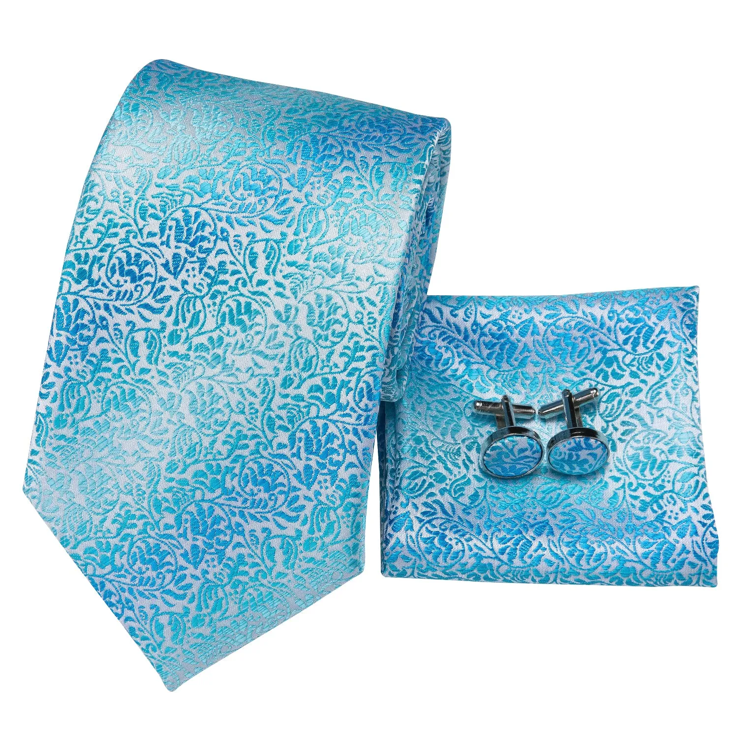 Hi-Tie Skyblue Tie Light Blue Floral Men's Necktie Hanky Cufflinks Set