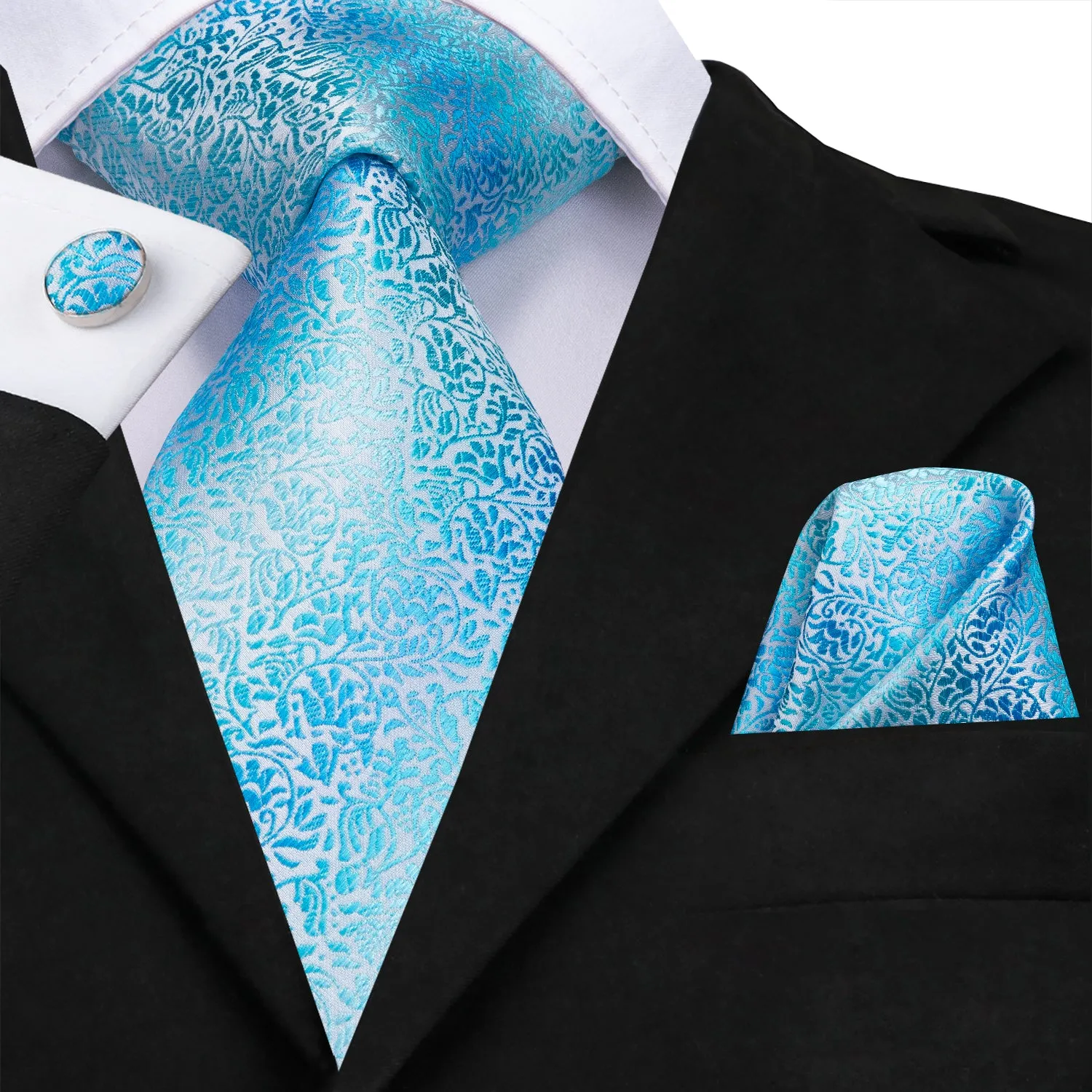 Hi-Tie Skyblue Tie Light Blue Floral Men's Necktie Hanky Cufflinks Set