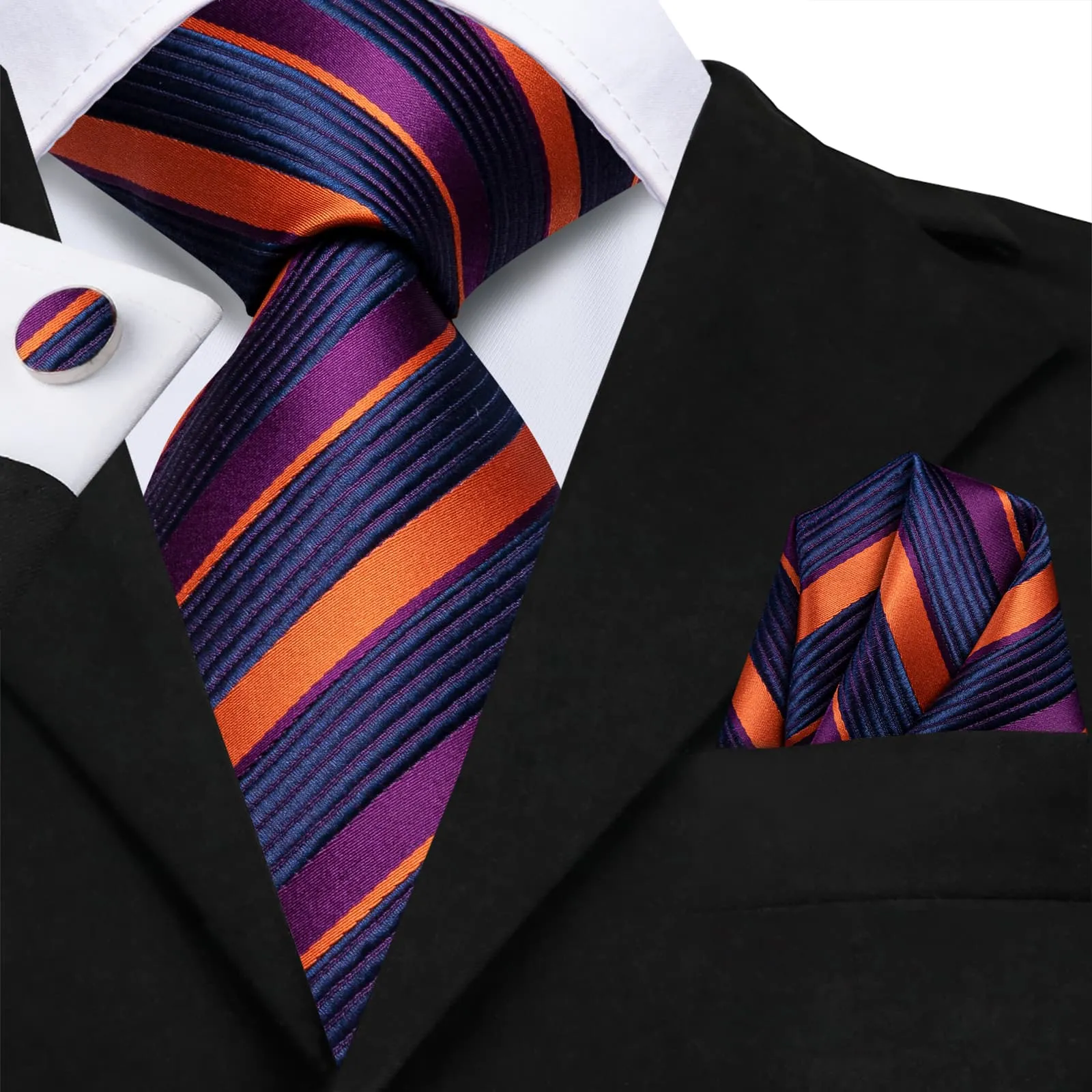 Hi-Tie Striped Tie Purple Orange Blue Jacquard Stripe Men Necktie Set