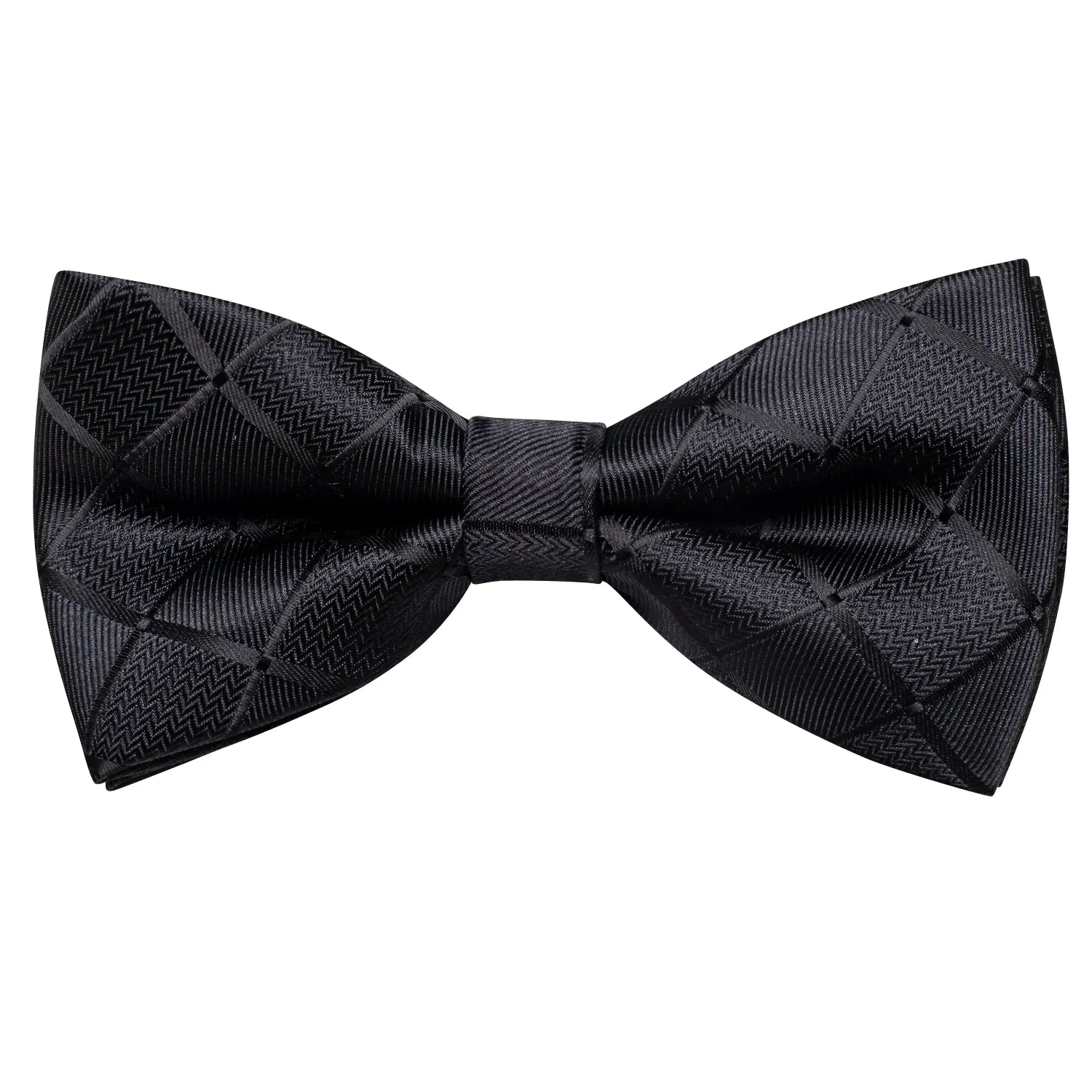 Hi-Tie Wedding Tie Black Plaid Pre-tied Bow Tie Hanky Cufflinks Set