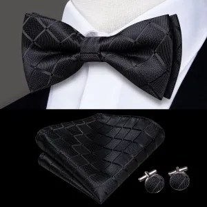 Hi-Tie Wedding Tie Black Plaid Pre-tied Bow Tie Hanky Cufflinks Set